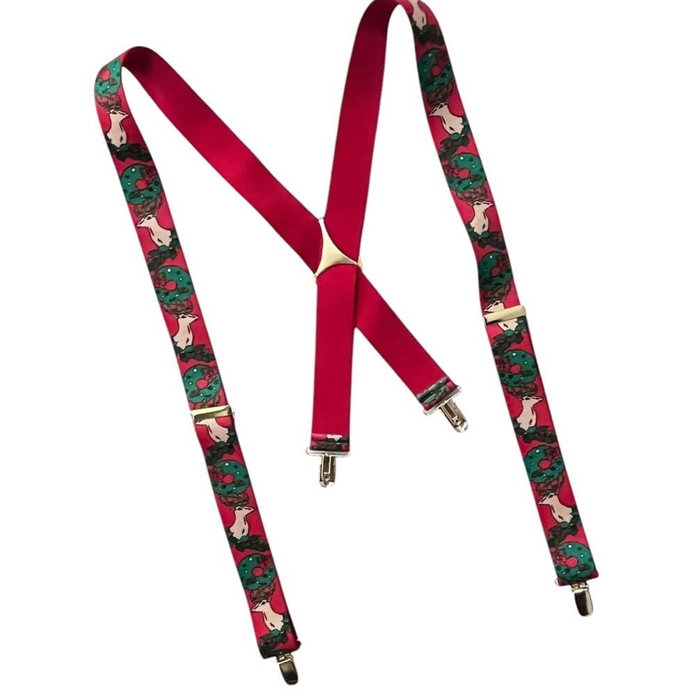 Vintage Red Christmas Reindeer Holiday Wreath Gold Clip On Suspenders